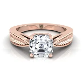 14K Rose Gold Asscher Cut Vintage Inspired Leaf Pattern Pinched Solitaire Engagement Ring