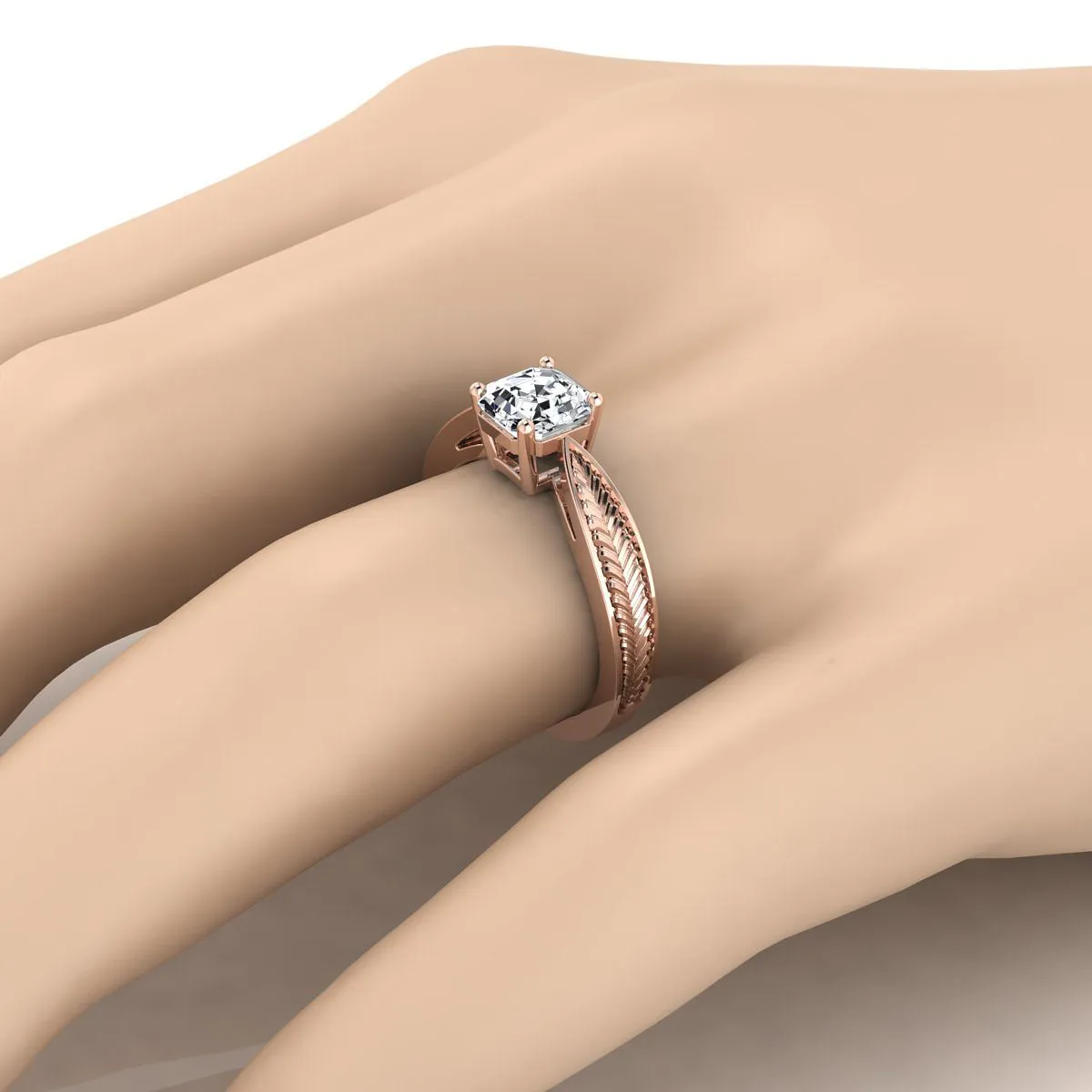 14K Rose Gold Asscher Cut Vintage Inspired Leaf Pattern Pinched Solitaire Engagement Ring