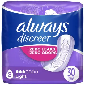 Always Discreet Incontinence Pads for Women, Light, 30 Count