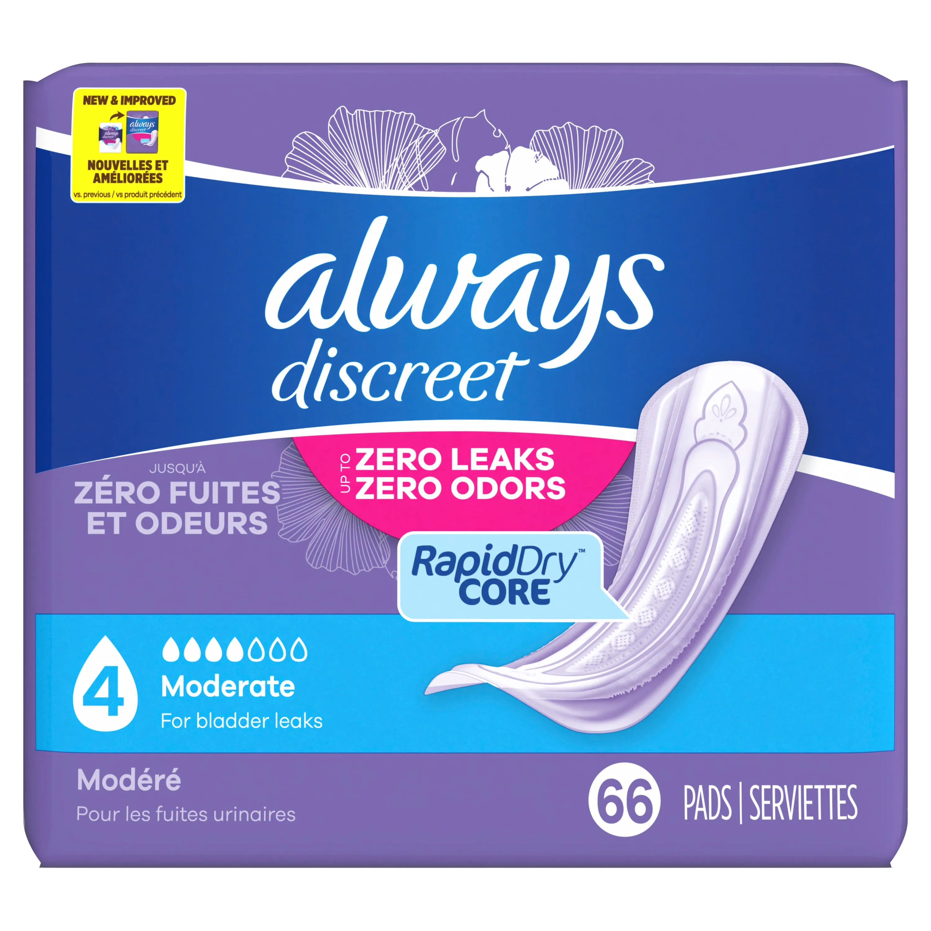 Always Discreet Incontinence Pads, Moderate Absorbency, Regular Length, 66 CT