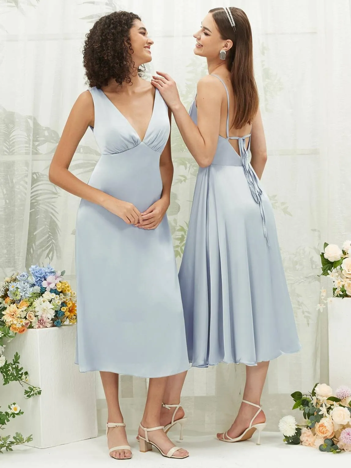 Cornflower Blue Silk Satin Cowl Neck Spaghetti Straps Button Slit Bridesmaid Dresses