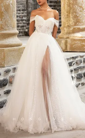 H1311 - Sexy Tulle A-Line Off-Shoulder Illusion Empire Appliques With Side Slit Train Wedding Dress