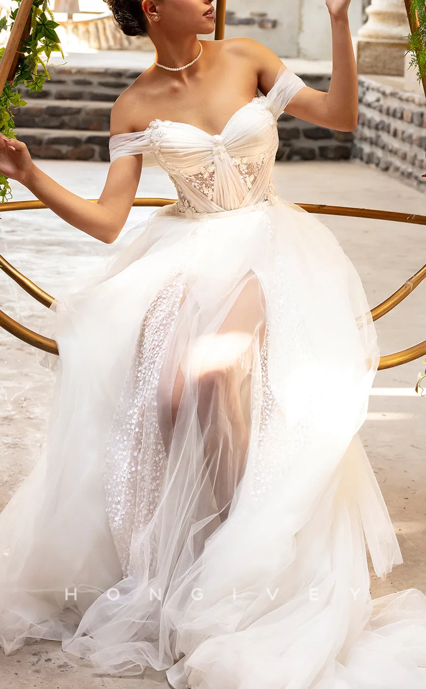 H1311 - Sexy Tulle A-Line Off-Shoulder Illusion Empire Appliques With Side Slit Train Wedding Dress