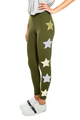 Leggings verde militare con stelle applicate