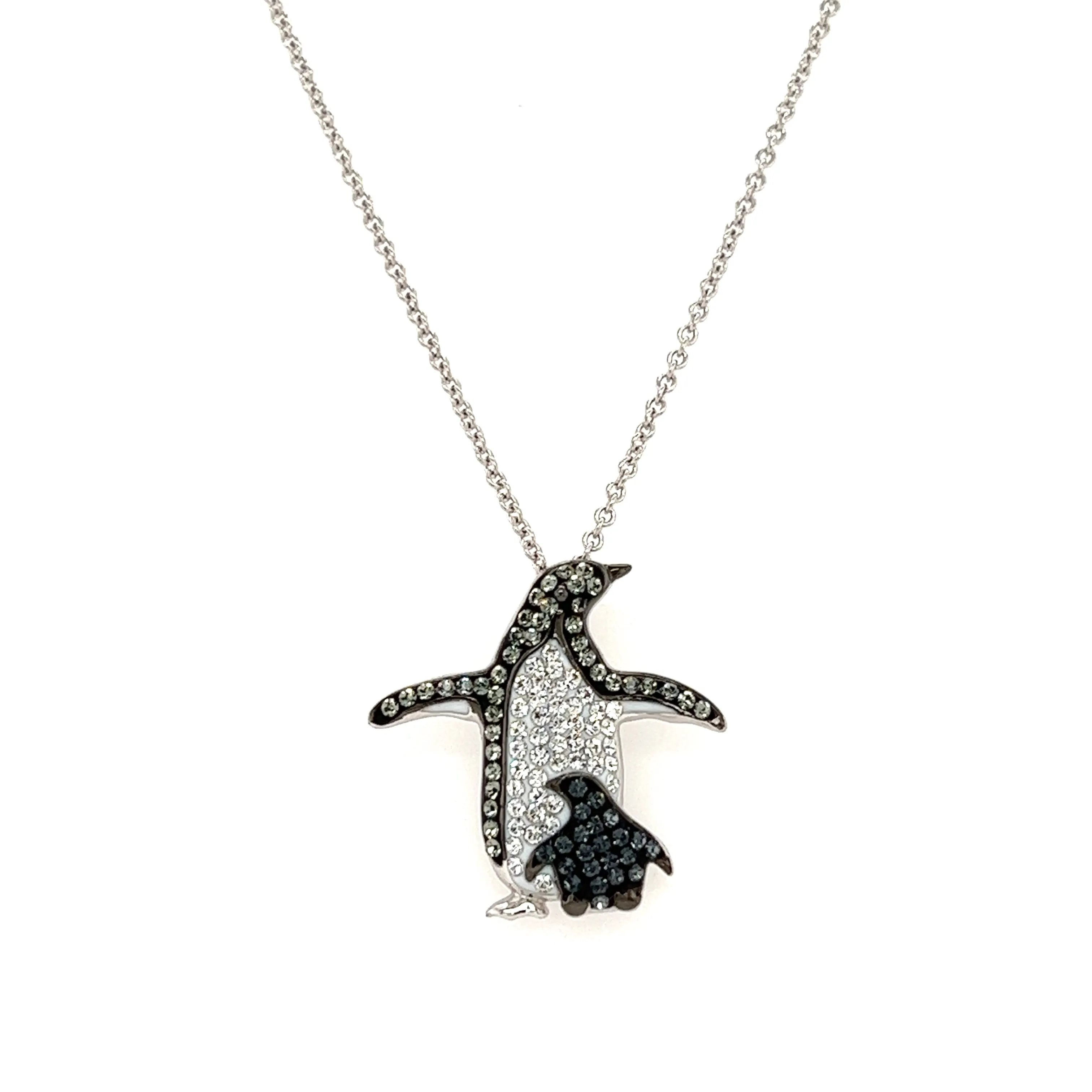 Penguin and Baby Necklace with Crystals in Sterling Silver