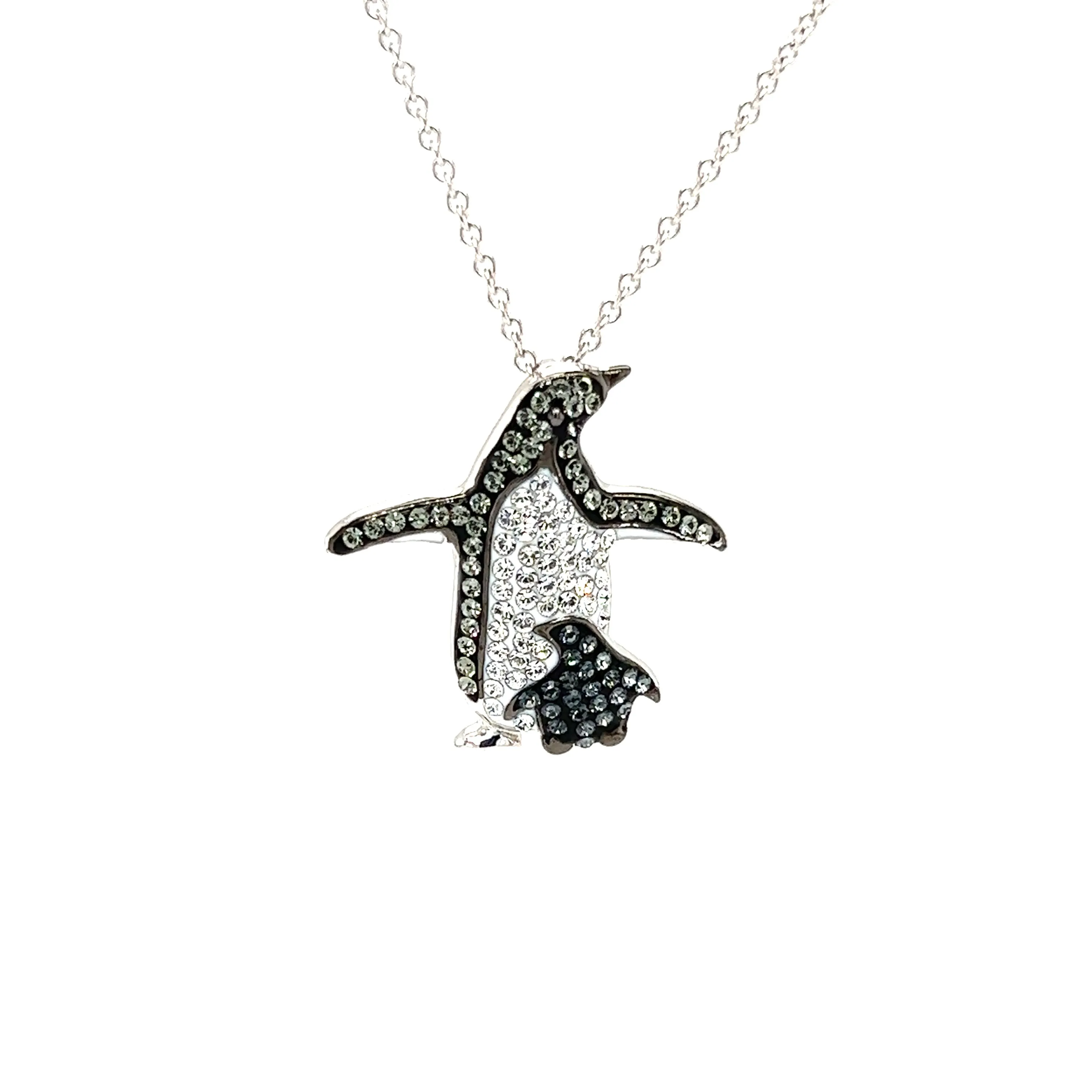 Penguin and Baby Necklace with Crystals in Sterling Silver