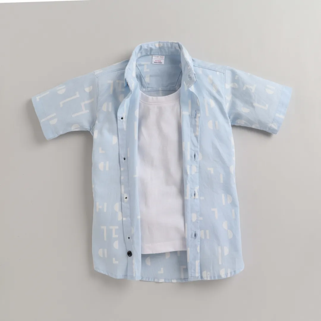 Polka Tots Half Sleeves Abstract Print Shirt With Attached Tee - Blue