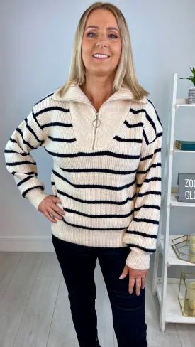 Sam - Cream/Black Striped Knitted Jumper