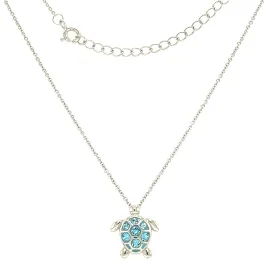 Sea Turtle Necklace with Aqua Crystals in Sterling Silver